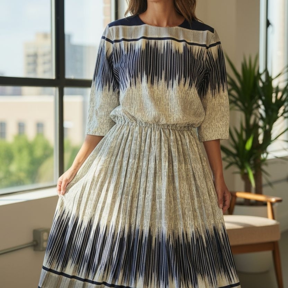 Chic Navy and Cream Long Sleeve Dress